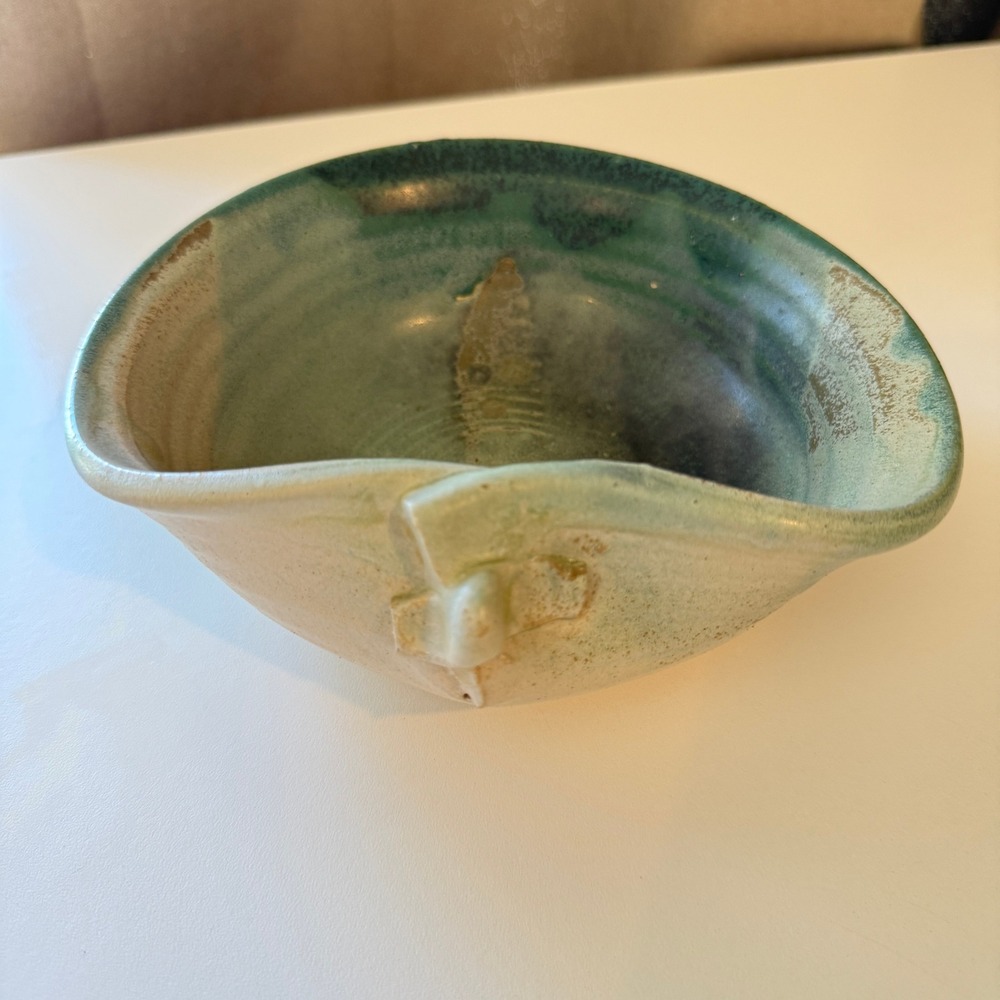 Signed Studio Pottery Handcrafted Green Tan Glazed Organic Folded Rim Bowl